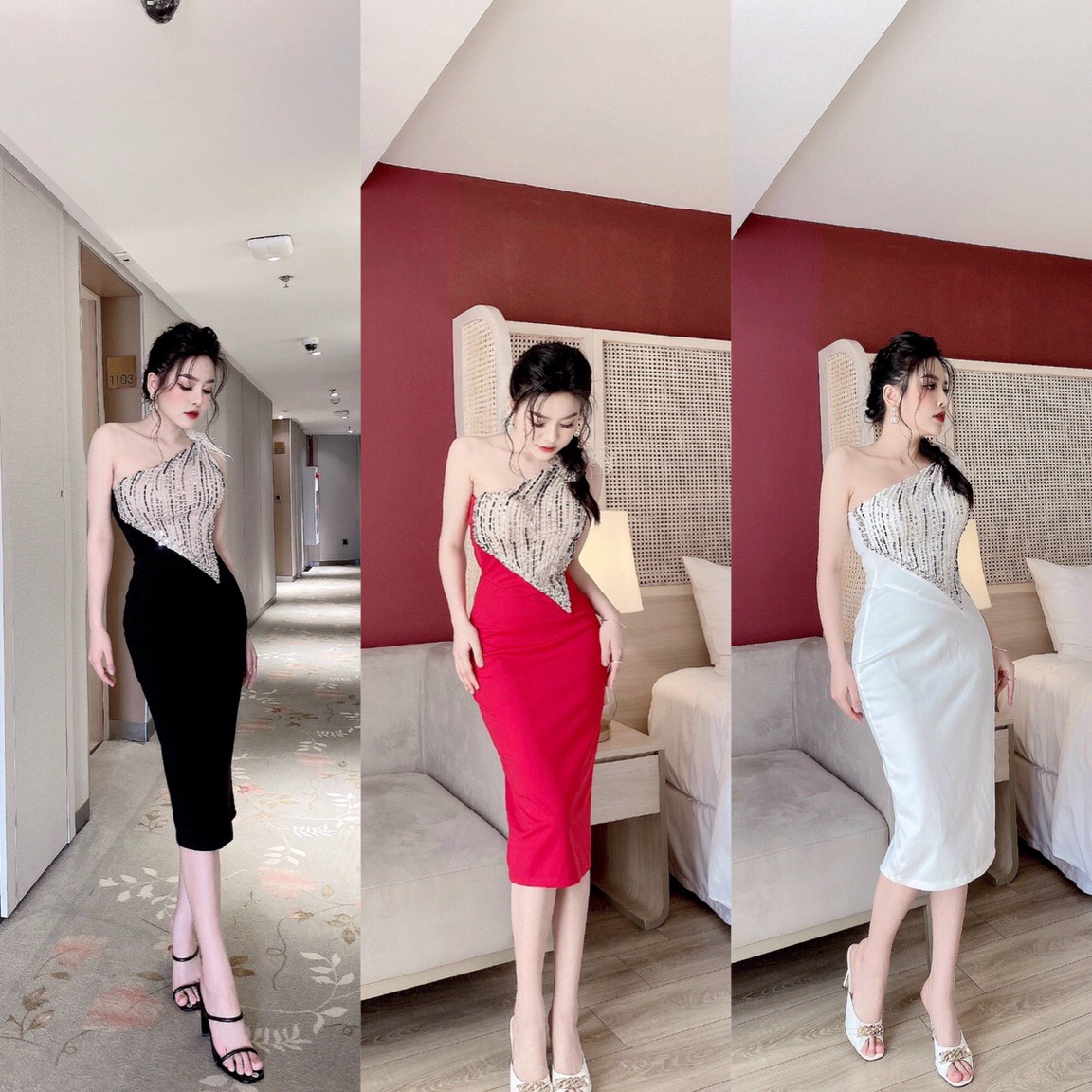 Đầm dự tiệc cưới  lệch vai kết lông vũ- HN1144
